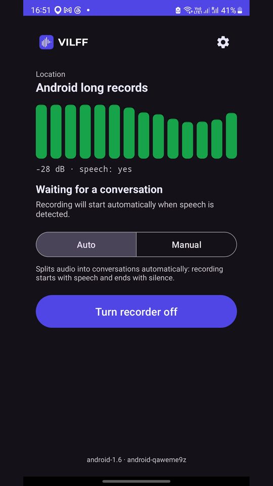 VILFF Recorder app screen